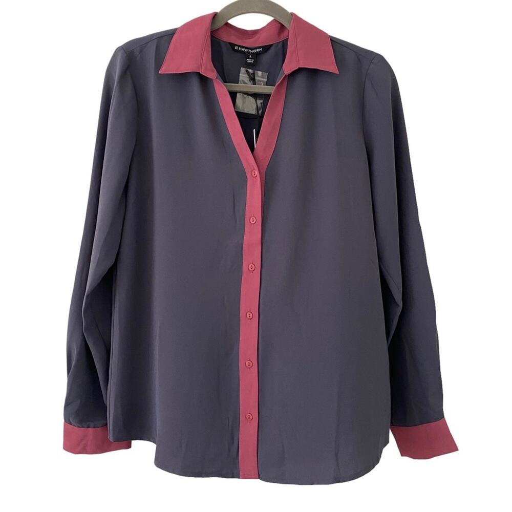 5/$25 41 Hawthorn Button Up Collared Gray Pink Long Sleeve Blouse S Small New